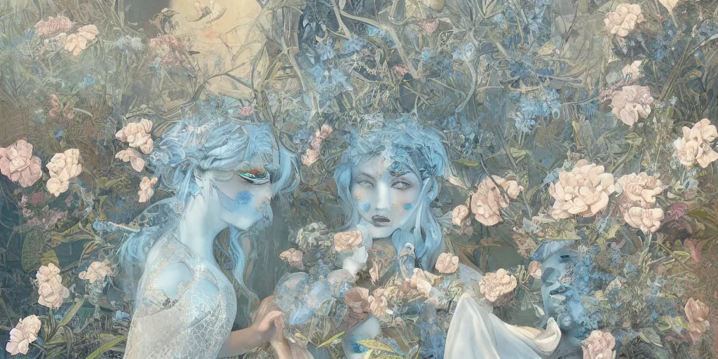 Image similar to breathtaking detailed concept art painting art deco pattern of blonde faces goddesses amalmation light - blue flowers with anxious piercing eyes and blend of flowers and birds, by hsiao - ron cheng and john james audubon, bizarre compositions, exquisite detail, extremely moody lighting, 8 k