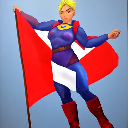 Image similar to photorealistic painting of overwatch's zarya holding flag of the ussr