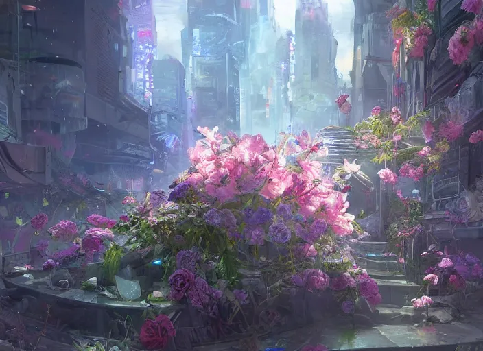 Prompt: cyberpunk flower bloom by vladimir volegov and alexander averin and peder mørk mønsted and adrian smith and raphael lacoste