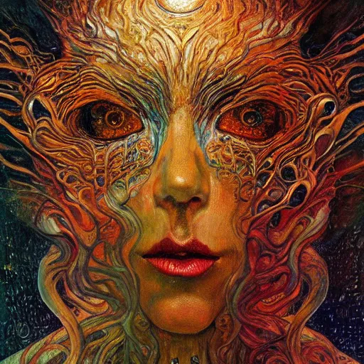 Image similar to Visions of Hell by Karol Bak, Jean Deville, Gustav Klimt, and Vincent Van Gogh, nightmare portrait, infernal, visionary, otherworldly, fractal structures, ornate gilded medieval icon, third eye, hellfire, stygian, spirals, cosmic horror