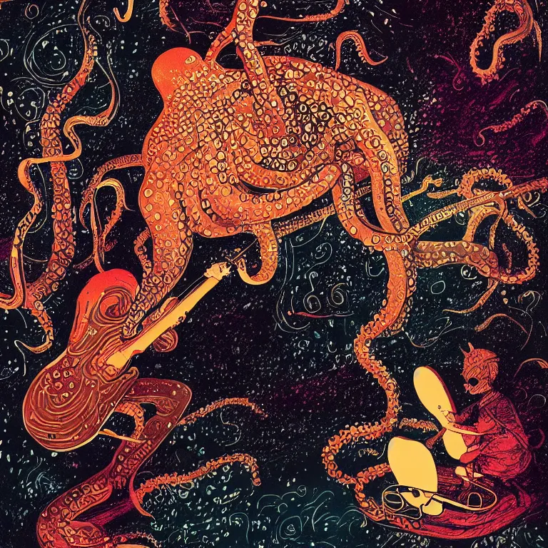 Image similar to a beautiful painting by victo ngai of an octopus playing drums and telecaster guitar in an electronic concert, dark background, concert light, dark mood, warm lights