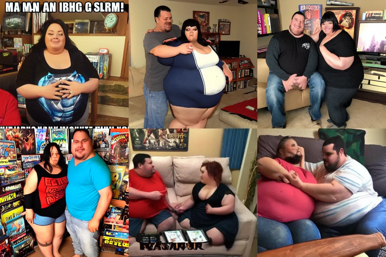 Prompt: man is being forced by his overweight wife to sell his video game collection. real photo.