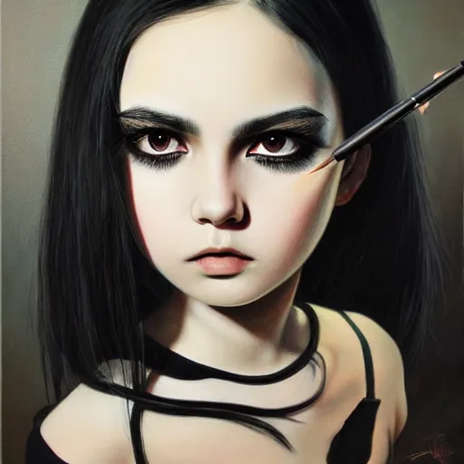 Image similar to a painting of an emo goth mexican girl with long dark hair thick eyebrows dark eyes and dark circles wide nose big eyes oval face shape big cheeks, a photorealistic painting by tran nguyen and ilya kuvshinov, featured on deviantart, gothic art, goth, gothic, detailed painting