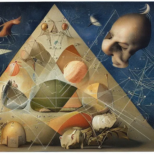 Image similar to mathematical equations painted by bosch, mathematical paradise, beautiful animals, equation heaven, platonic solids, elegant diagrams, beautiful equations, oil paint, hyperrealistic, surreal, collection of louvre