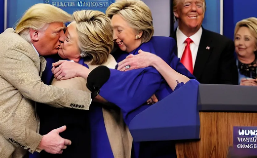 Prompt: Donald Trump kissing and hugging Hillary Clinton at a white house press briefing AP news photo