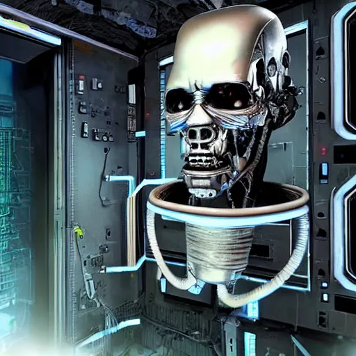 Image similar to photorealistic torso of a terminator with borg implants and a human face is hanging from cables and wires off the ceiling of an futuristic abandoned computer room and plugged into a quantum computer that's visible in the background. bottom half of the terminator's body is missing with cables sticking out. The Terminator is taking a sip from a cup of coffee. Tiny green led lights in the terminator's cybernetics. very detailed 8k. Cyberpunk horror style.