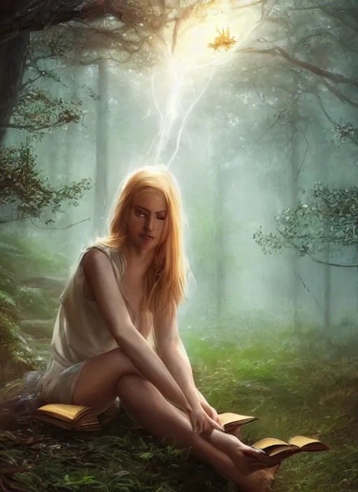 Image similar to portrait, gorgeous blond girl sits cross-legged in mystical misty forest, reading under a tree, fireflies and fairies illuminate the pages, dramatic lighting, cinematic, establishing shot, extremly high detail, foto realistic, cinematic lighting, post processed, concept art, artstation, matte painting, style by eddie mendoza, raphael lacoste, alex ross