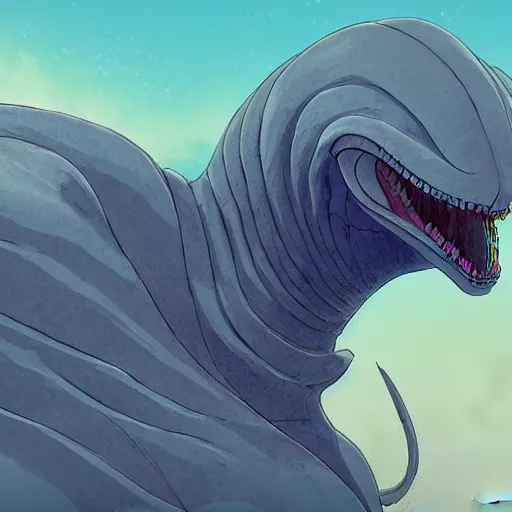 Image similar to concept art painting of an alien animal creature, detailed, cel shaded, in the style of makoto shinkai and moebius and james gurney