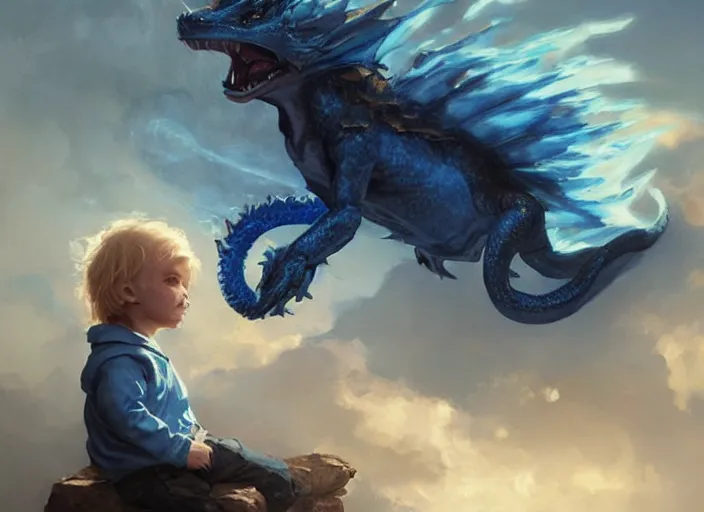 Image similar to a cute little boy with tousled blonde hair and blue eyes holds a blue baby dragon, beautiful fantasy art by greg rutkowski.