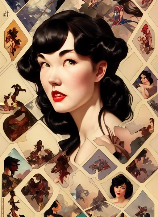 Prompt: intense fan art concept art by artgerm, tooth wu, bierstadt, gurney, stalenhag and alphonse mucha. an incredible collage of countless betty page pin up portraits, contour light effect!! 8 k, stage light. octane render. smooth. sharp edge. ultra clear detailed, full body various poses!!