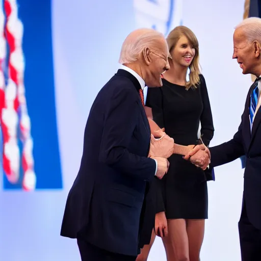 Image similar to taylor swift shaking hands with joe biden, 8 k uhd, perfect faces