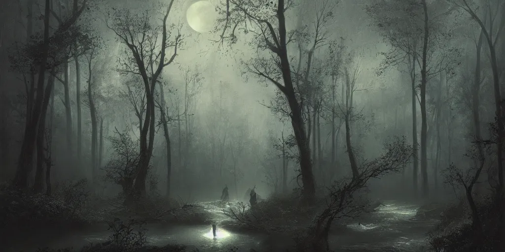 Image similar to [ a dark scene of a dense forest at night with a gentle stream through it, moonlight through trees, volumetric light and mist, fog, a dead fallen tree lays in the water ], andreas achenbach, artgerm, mikko lagerstedt, zack snyder, tokujin yoshioka