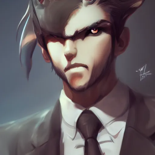 Image similar to wolf in suit, holding brush, anime, artgerm, wlop, artstation, detalied, high quality,