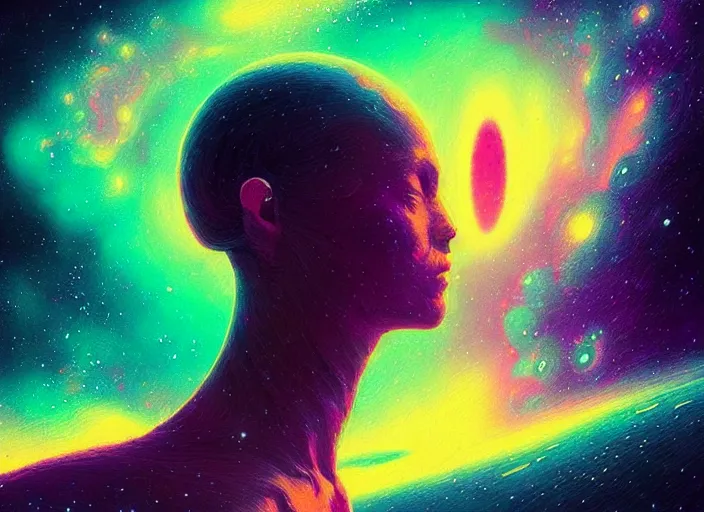 Prompt: “ a psychedelic portrait of galaxy, vibrant color scheme, highly detailed, in the style of romanticism, cinematic, artstation, moebius, greg rutkowski ”