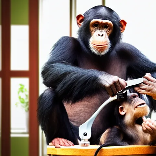 Image similar to chimpanzee getting a haircut at the barber, realistic, cute, photogenic, well lit