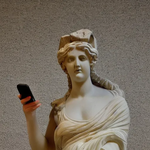 Image similar to greek marble statue of a woman on her phone