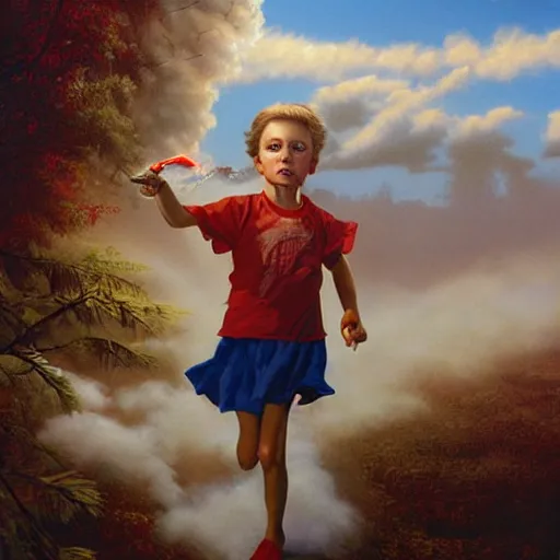 Prompt: a disappearing running child holding scissors in hand disappears evaporates dissolves into vapor, mist, smoke, blood drops and spatteer, a detailed matte painting by John Philip Falter and Jason Edmiston