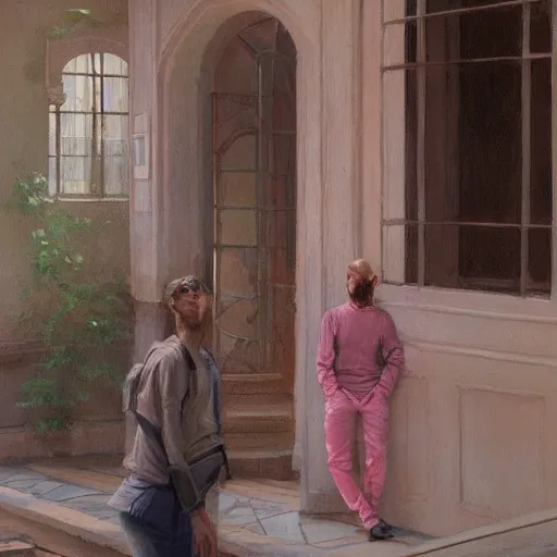 Image similar to concept art, young man in pink shirt standing near french windows, by james gurney, greg rutkowski, john howe, artstation