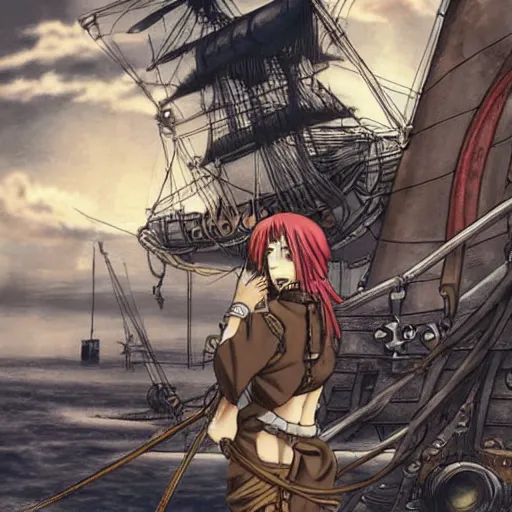 Image similar to sky-pirate with long red hair in front of a steampunk airship, vinland saga, anime style