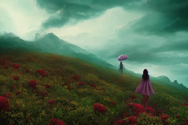 Image similar to giant dahlia flower head, girl walking on mountain, surreal photography, storm clouds, dramatic light, impressionist painting, digital painting, artstation, simon stalenhag