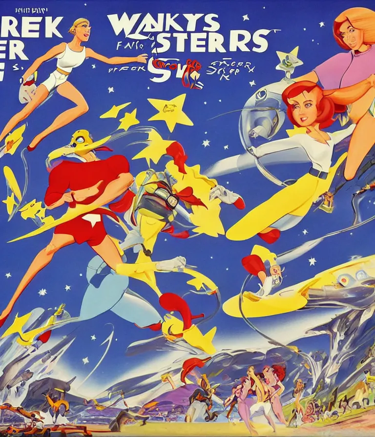 Image similar to Hannah Barbera cartoons of Five Star Stories as Whacky Races, promotional poster super detailed , xpensive production, realistic style, gouache colors, Hollywood retro cartoon poster, golden era of animation work