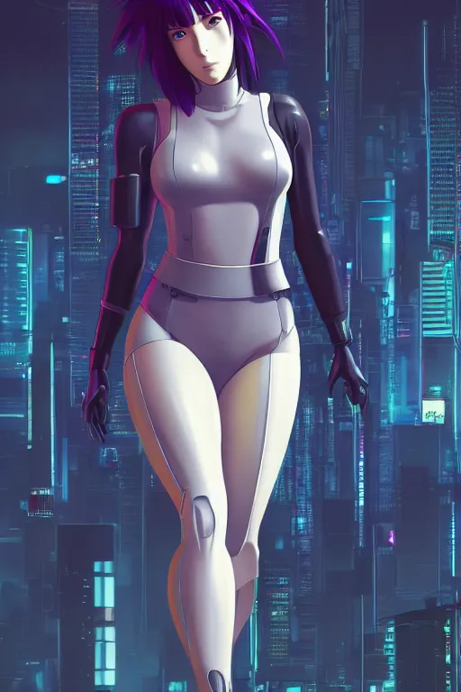 Image similar to a still fullbody portrait of motoko kusanagi ghost in the shell, finely detailed features, closeup at the faces, perfect art, at a cyberpunk city, gapmoe yandere grimdark, trending on pixiv fanbox, by ilya kuvshinov, rossdraws, artgerm, octane render, unreal 3 d, volumetric light