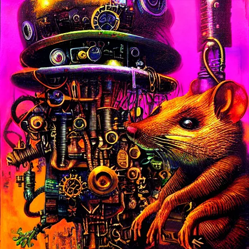 Image similar to steampunk rat, acid, 303, psychedelic, by paul lehr