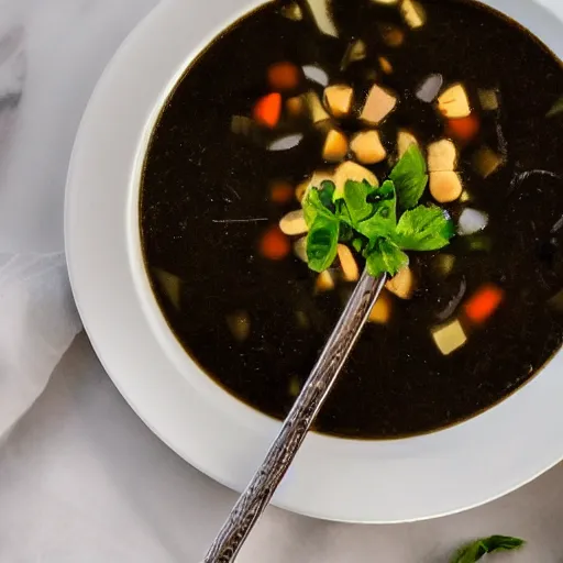Prompt: a photo of a very black soup