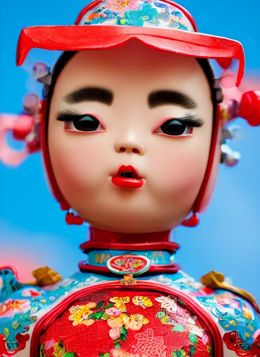 Image similar to closeup profile portrait of tin toy china cheongsam girl, bikini, depth of field, zeiss lens, detailed, symmetrical, centered, fashion photoshoot, by nicoletta ceccoli, mark ryden, lostfish, breathtaking, 8 k resolution, extremely detailed, beautiful, establishing shot, artistic, hyperrealistic, octane render