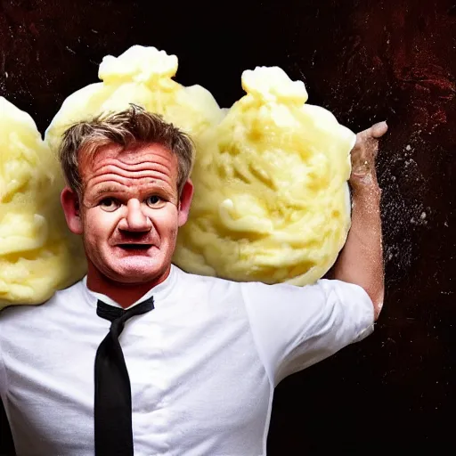 Image similar to < photo hd trending > gordon ramsey yells at an incredibly oversized plate of mashed potatos < photo >