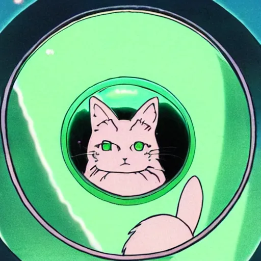 Prompt: a cat peeks out of a circular bubble window, 1 9 9 0 s anime, soft glow