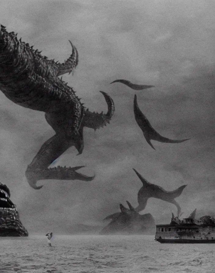 Image similar to a filmstill of a north korean monster movie, kaiju - eiga monster with starfish - arms trampling a traditional korean palace, foggy, film noir, epic battle, etheral, explosions, communist propaganda, communist epic thriller produced by kim jong - il, cinematography by akira kurosawa and tim burton, video compression