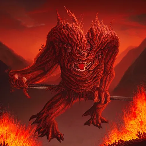 Image similar to “ a highly detailed red volcanic goblin, like magic the gathering, goblin chainwalker, with a volcano in the background, digital art, by christopher rush ” w 7 6 8