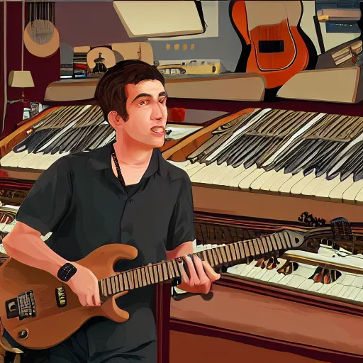 Image similar to GTA V illustration of white teenager with black hair playing an organ in a 1990s instrument shop, cover of GTA V