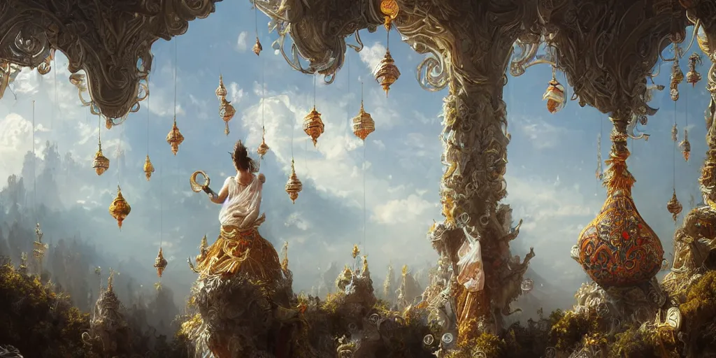 Prompt: painting of a god of wind enjoying his ornate heavenly palace, decorated with windchimes and paper lanterns, stunning nature in background, cinematic, 8 k, hyper detailed, art by greg rutkowski