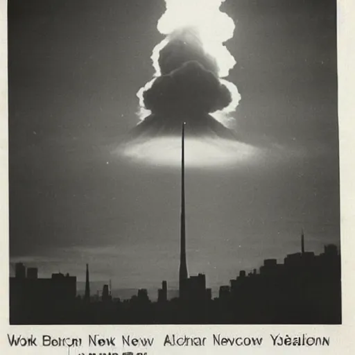 Image similar to dark photo of a nuclear explosion in new york in the year 1 9 5 1, black and white