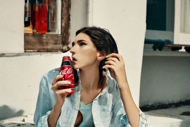 Image similar to beautiful fit summer fashion model woman drinking a Coca-Cola in natural light by Alessio albi