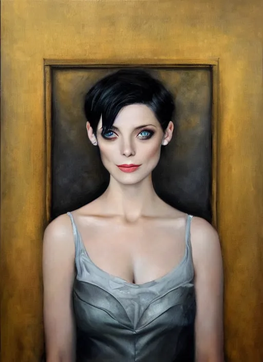 Prompt: Beautiful oil painting of Ashley Greene as Alice Cullen by Chie Yoshii, portrait, pale skin, short black pixie cut hair, smiling, symmetrical face, round face, cute, black dress, dramatic lighting, sharp focus, smooth, happy