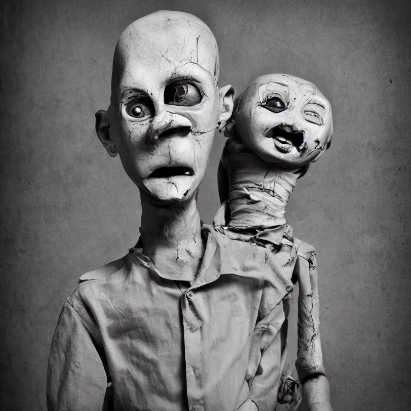 Image similar to creepy ventriloquist dummy in the style of roger ballen, 4 k, bw, portrait