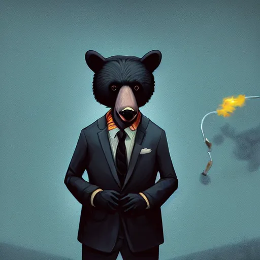 Prompt: a black bear wearing a suit and tie with a cigarette in his mouth, cyberpunk art by Cyril Rolando, featured on deviantart, furry art, furaffinity, smokey background, digital painting