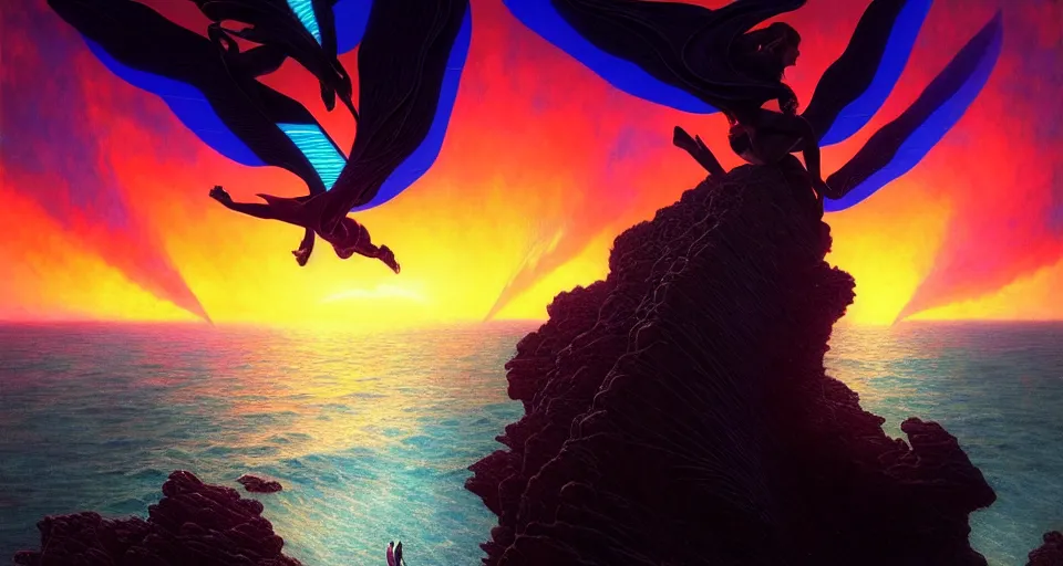 Image similar to psychedelic tron wings in front mind bending sunset, cliffside ocean scene, backlit, aesthetic, surreal, diffuse lighting, hyper realistic, elegant, intricate, hyper detailed, smooth, sharp focus, concept art, illustration, trending on artstation, art by artem demura, greg rutkowski, james gurney, and alphonse mucha