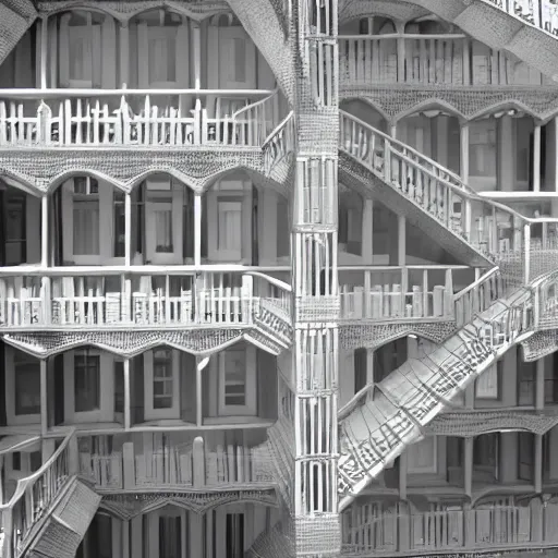 Prompt: focus shot of escher building architecture design