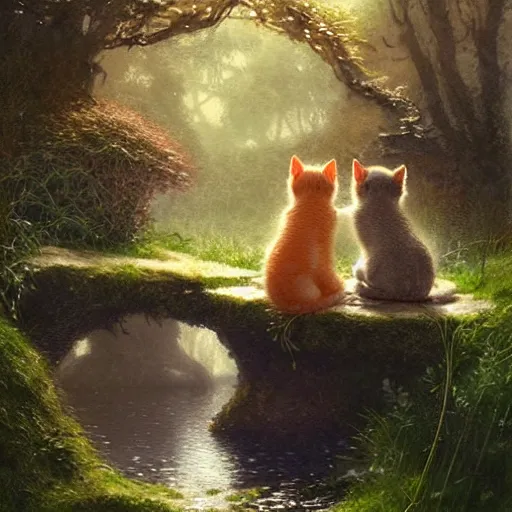 Image similar to two kittens in the enchanted forest watching the goldfish in the stream, fantasy, intricate, extremely detailed, matte, artstation, art by greg rutkowski, louis wain, alan lee