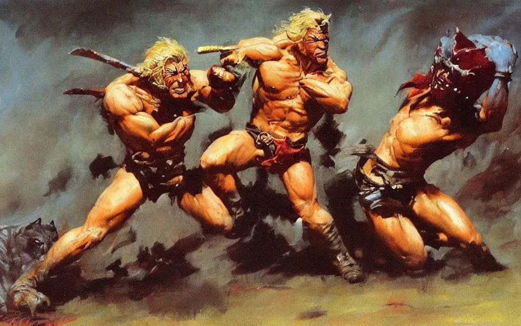 Prompt: frank frazetta painting of a brutal fight between a panther and a warrior with blond hair, oilpainting, smooth,