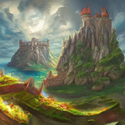 Prompt: a castle on a flying island, an island floating in the sky, clouds background, hearthstone coloring style, epic fantasy style art, fantasy epic digital art, epic fantasy card game art