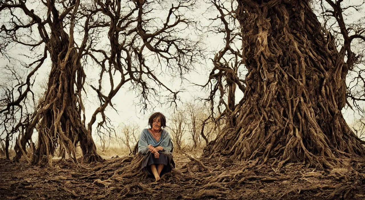 Image similar to 65-year-old woman made of trees crying one emotionless tear, facing the camera and sitting on a dried up river in a desolate land, blue sky, hot and sunny, highly-detailed, elegant, dramatic lighting, artstation, 4k, cinematic landscape, photograph by Elizabeth Gadd