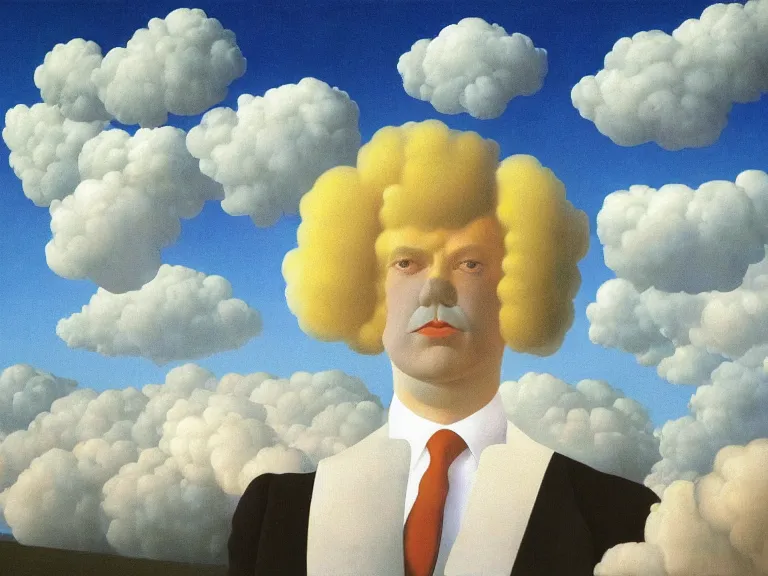 Image similar to room with clouds wallpaper, painting by rene magritte, centered, high detail, high resolution