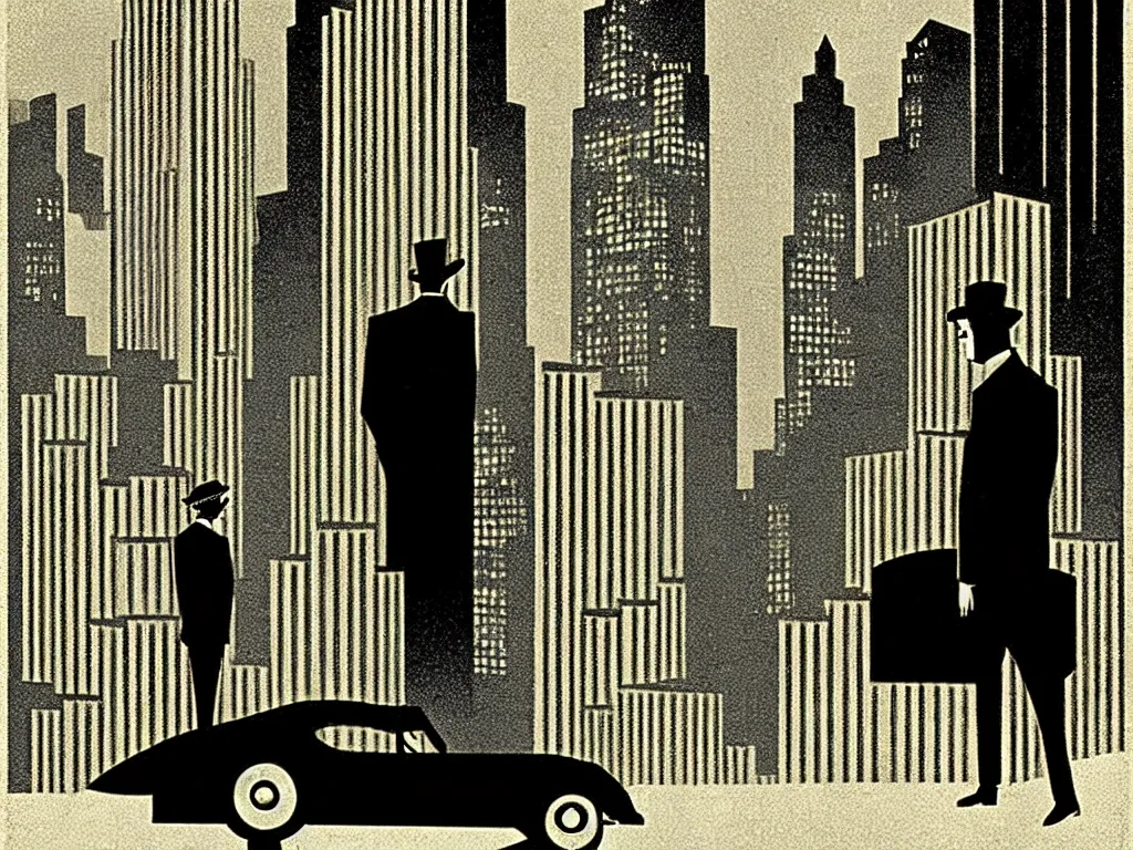 Image similar to two suspicious men in a parked a car in front of a very tall building, desert street, late at night, dimly lit, gangster, film noir, upscale 1920, relaxed poose, art deco, artwork by coles phillips, post processing, intricate, grim yet sparkling atmosphere, cinematic lighting, art nouveau