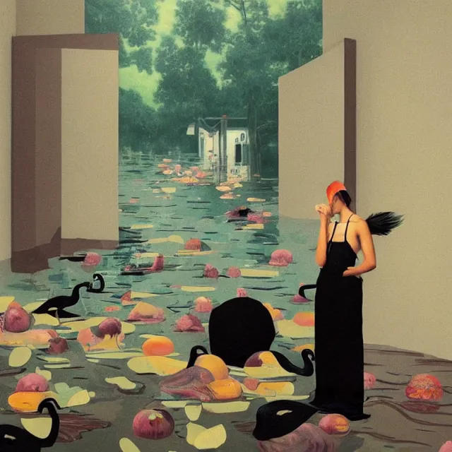Image similar to tall emo artist in her flooded apartment, painting of flood waters inside an artist's home, a river flooding indoors, pomegranates, pigs, ikebana, zen, water, octopus, river, rapids, waterfall, black swans, canoe, berries, acrylic on canvas, surrealist, by magritte and monet