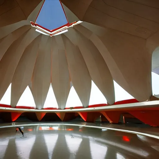 Image similar to interior of a futuristic lotus temple space station with gold, red and white marble panels, by buckminster fuller and syd mead, intricate contemporary architecture, photo journalism, photography, cinematic, national geographic photoshoot